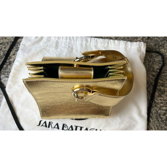 SARA BATTAGLIA GOLD PLISSE MINI KELLY BAG - Picture 2 of 11